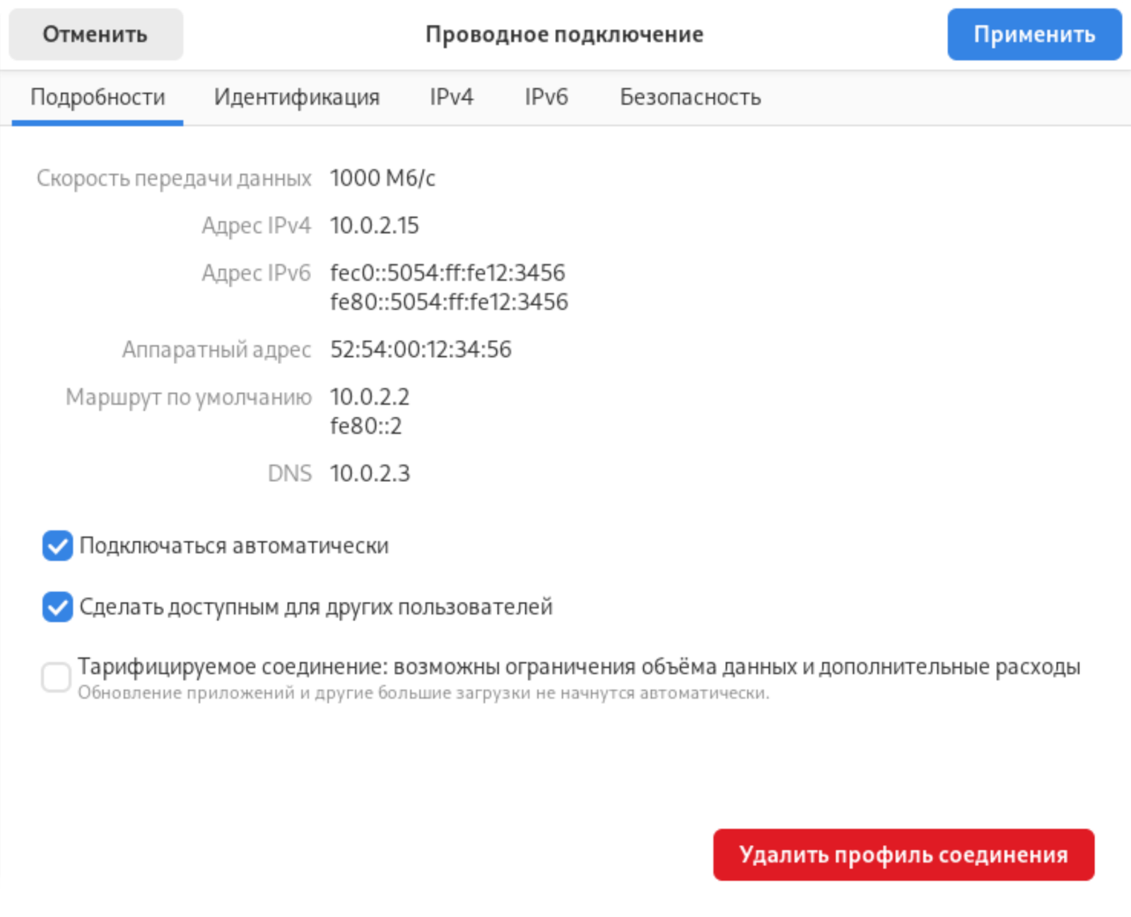Окно Параметры сетевого подключения